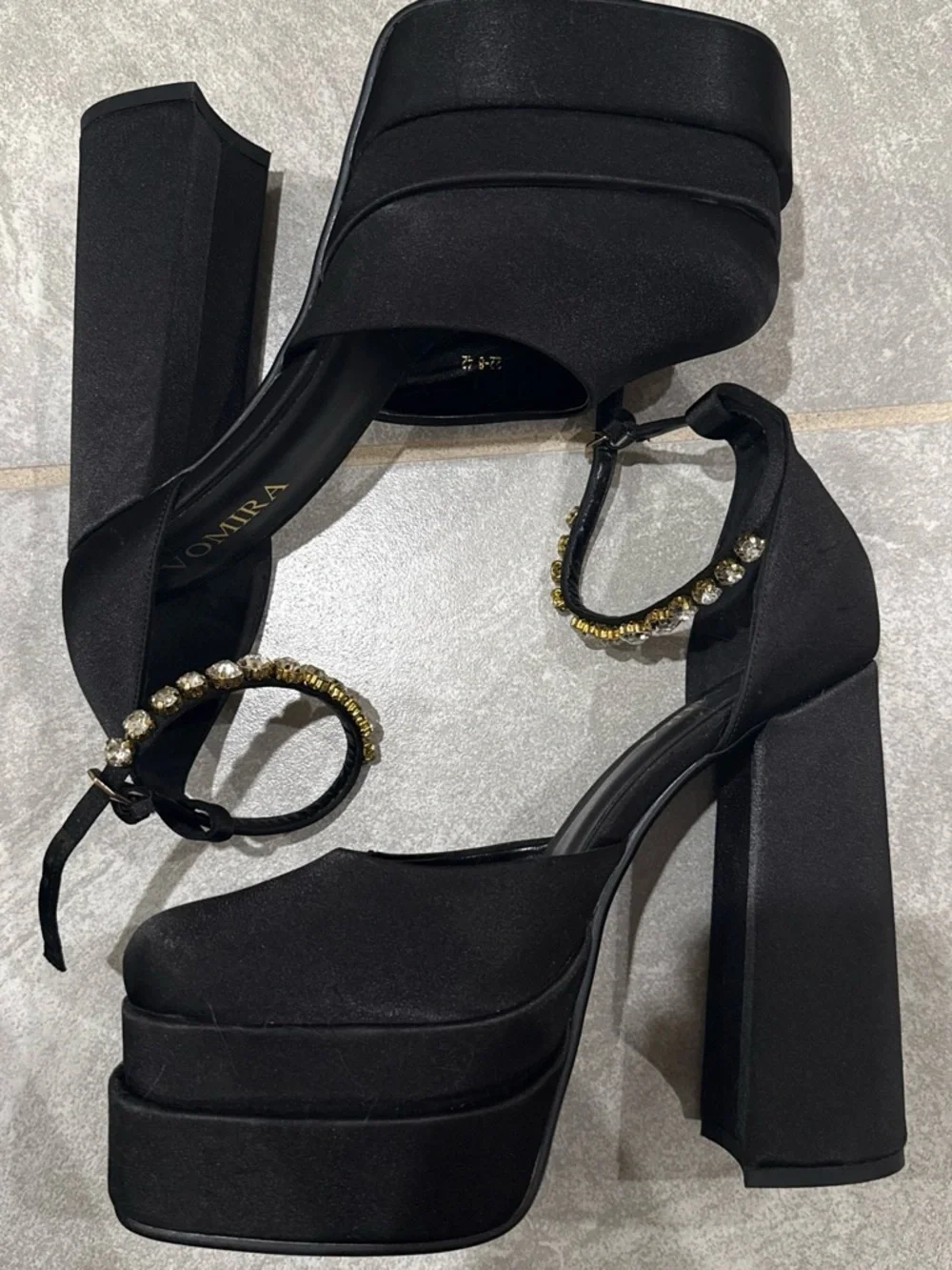Black Satin Platform Ankle-Strap Heels with Gold Accent